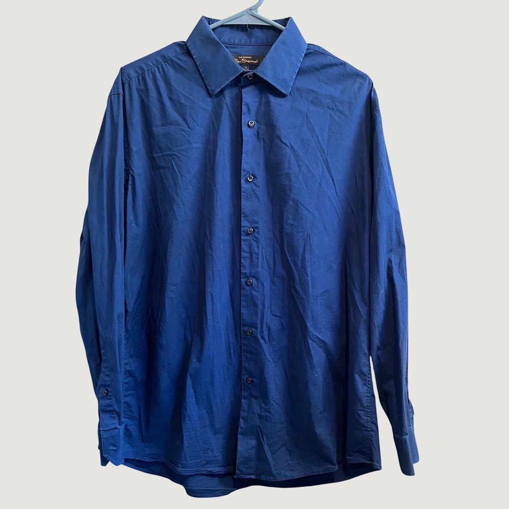Ben Sherman Button Down Shirt Mens 16 32-33 Navy Blue Long Sleeve Stretch Poplin